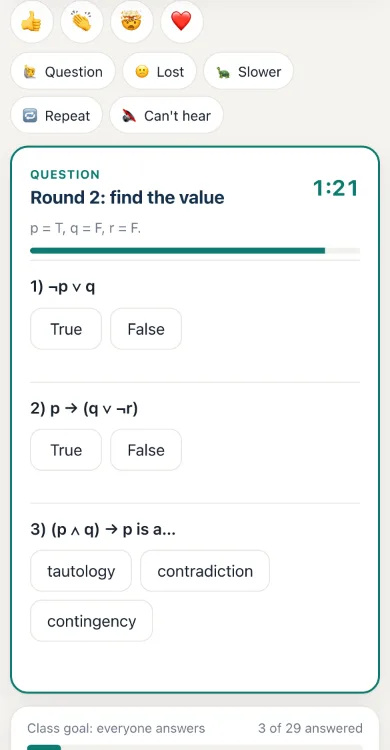 A student’s phone: help signals (Question, Lost, Slower, Repeat, Can’t hear) and a timed question with True and False buttons